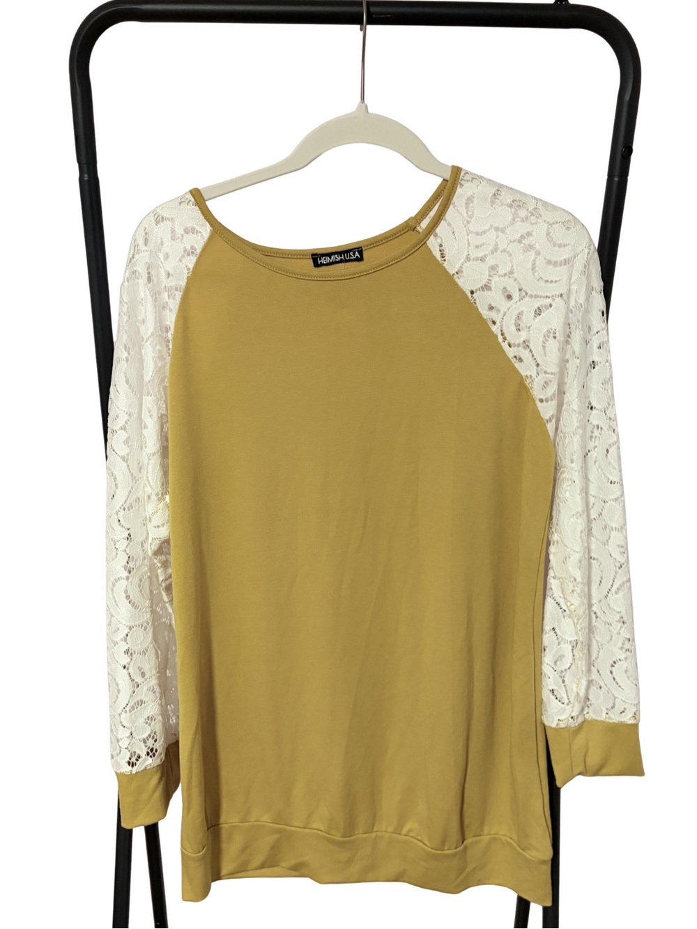 HEIMISH USA Mustard Raglan Top with Cream Lace Sleeves Medium NWT